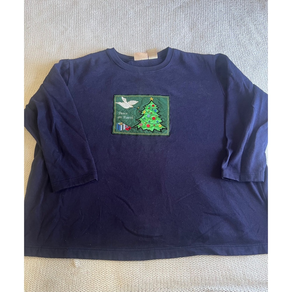 Basic Editions Holiday Navy Blue Peace on Earth Christmas Tree Sweatshirt 3X
